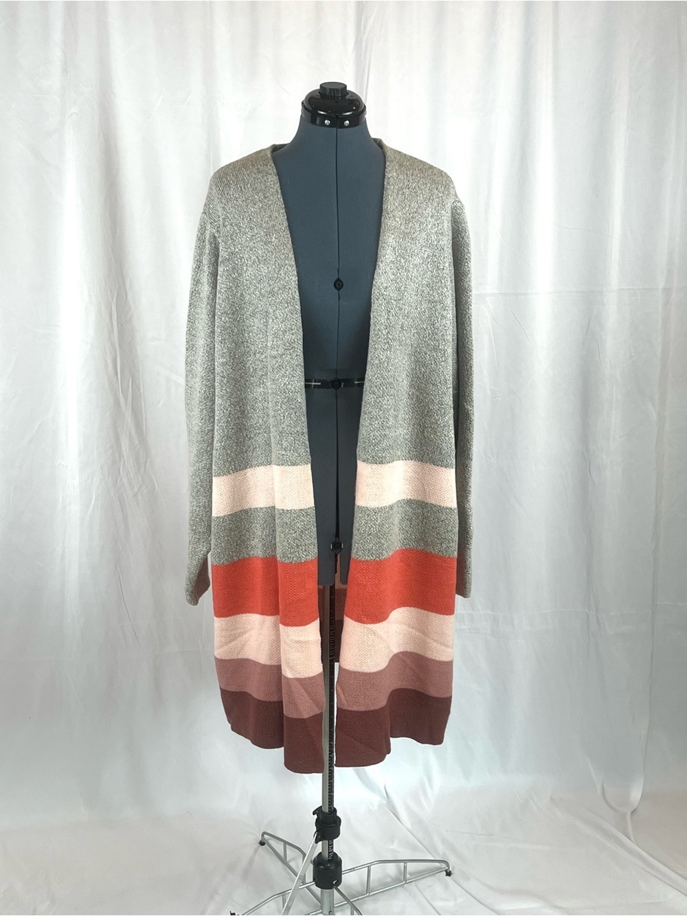 EVRI Plus Size 2X Colorblock Open Front Long Cardigan Gray Pink Rust Brown 952